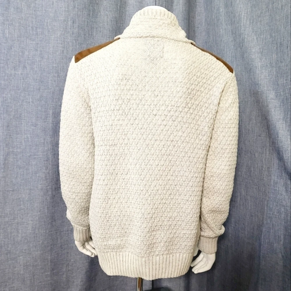 X-RAY Shawl Collar Pullover Sweater Faux Suede Shoulder Patches Oatmeal Men's M